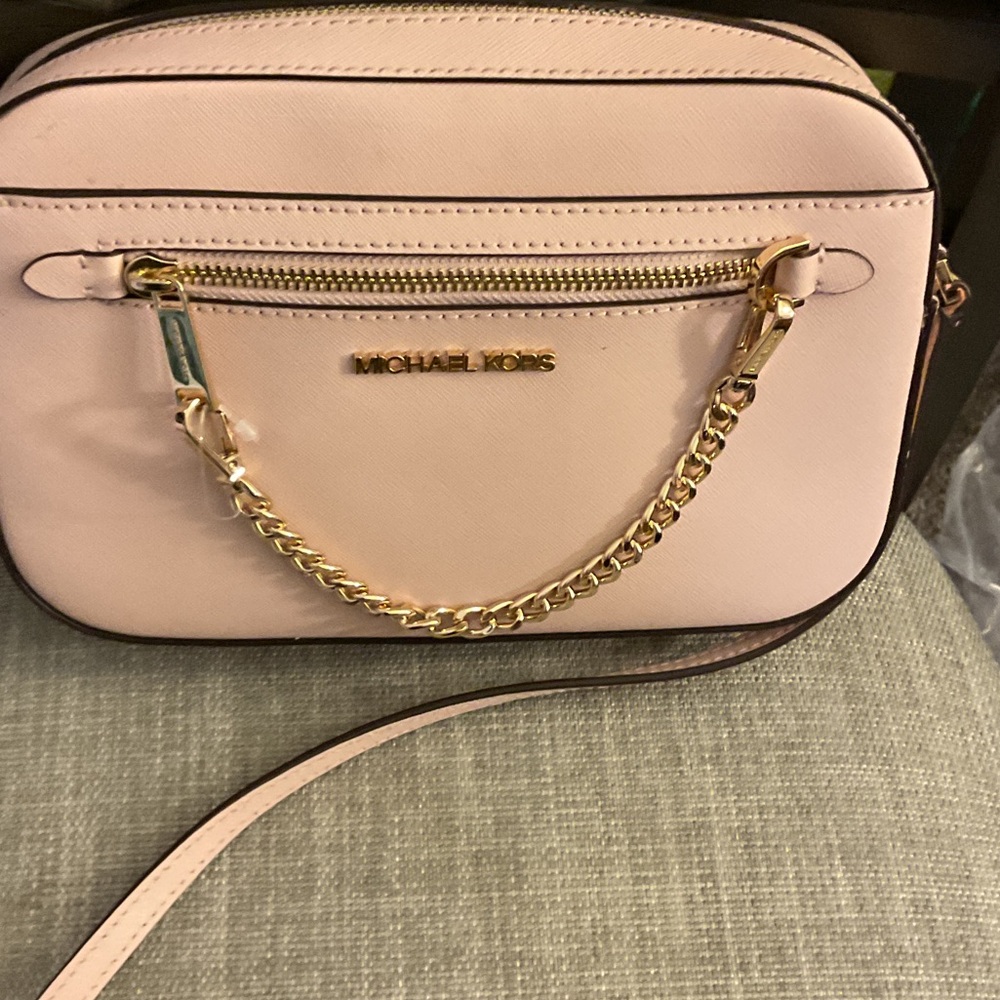 Michael Kors Blush Pink Leather Crossbody with Gold Chain Detail